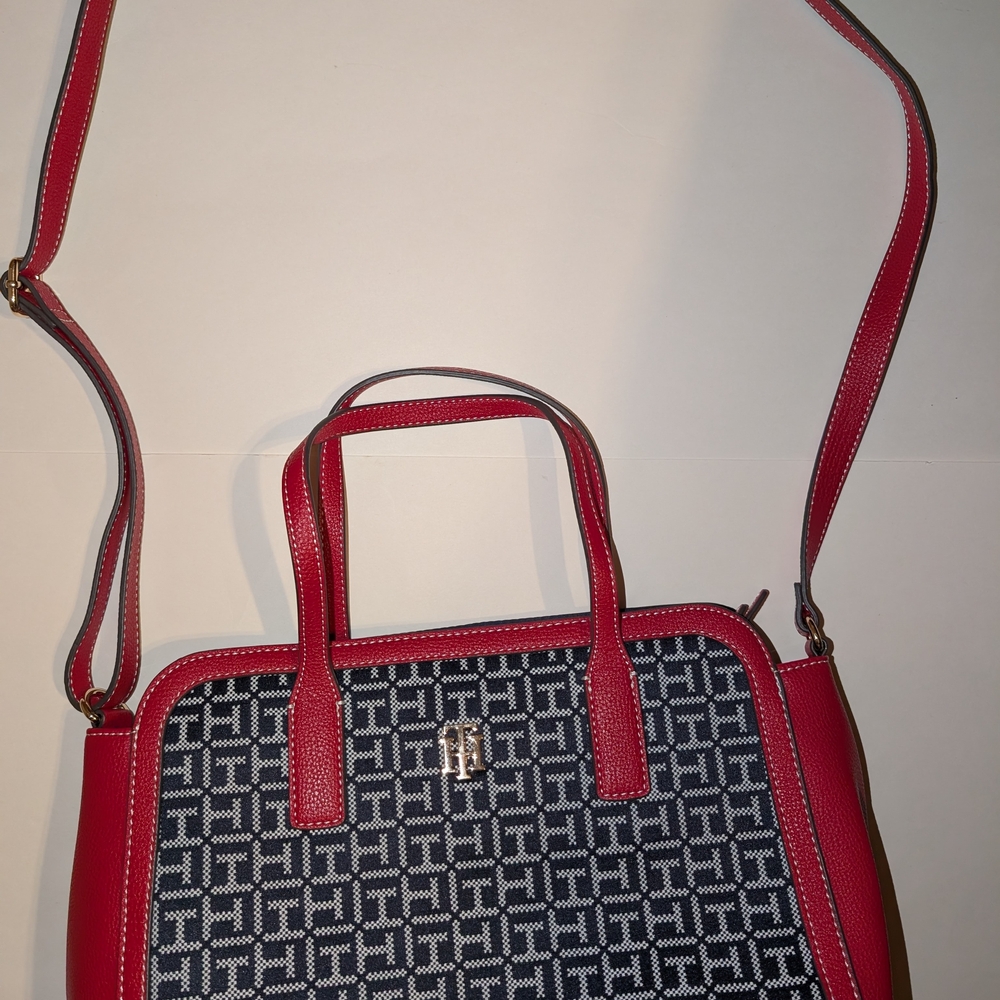 Tommy Hilfiger Red and Navy Monogram Shoulder Tote Bag